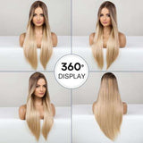 HAIRCUBE 20 Inch Nature Straight Ombre Wigs with dark brown roots fading into long, smooth blonde synthetic hair