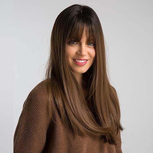 HAIRCUBE 20 Inch Nature Straight Ombre Wigs, synthetic hair with dark roots fading to brown, long and straight with bangs.