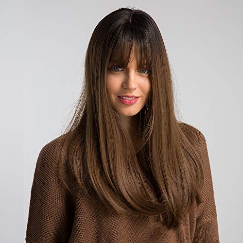 HAIRCUBE 20 Inch Nature Straight Ombre Wigs with long straight synthetic hair, dark roots, warm brown lengths and bangs