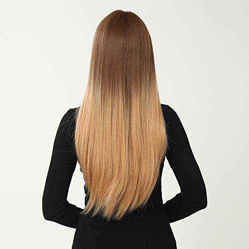 HAIRCUBE 20 Inch Nature Straight Ombre Wigs with smooth straight synthetic hair, dark brown roots fading to light brown ends