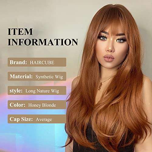 HAIRCUBE 20 Inch Nature Straight Ombre Wigs in long, straight honey-blonde synthetic hair with full bangs
