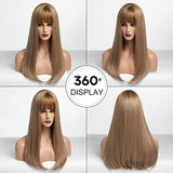 HAIRCUBE 20 Inch Nature Straight Ombre Wigs in smooth light brown synthetic hair with blunt bangs and long straight layers
