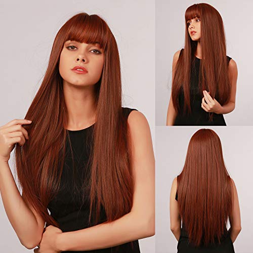 HAIRCUBE 20 Inch Nature Straight Ombre Wigs with long, smooth auburn-brown synthetic hair and blunt bangs