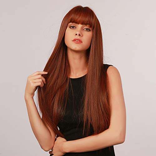 HAIRCUBE 20 Inch Nature Straight Ombre Wigs with long, sleek auburn-brown synthetic hair and full blunt bangs