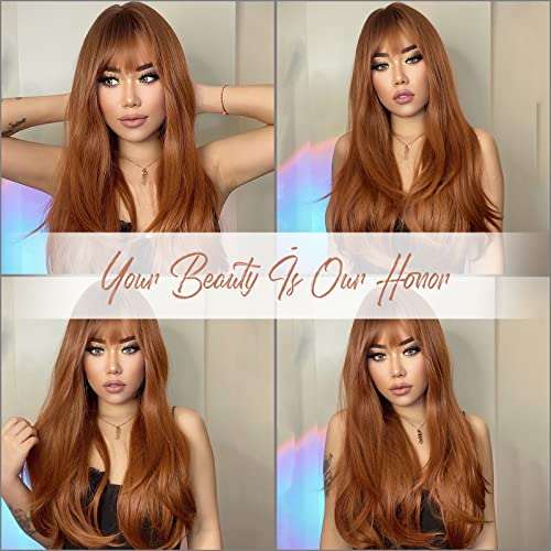 HAIRCUBE 20 Inch Nature Straight Ombre Wigs with long, straight auburn-brown synthetic hair, darker roots and wispy bangs