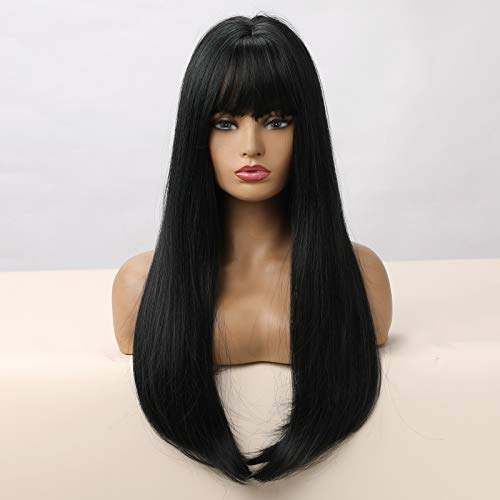 HAIRCUBE 20 Inch Nature Straight Ombre Wigs with long, sleek black synthetic hair and full blunt bangs
