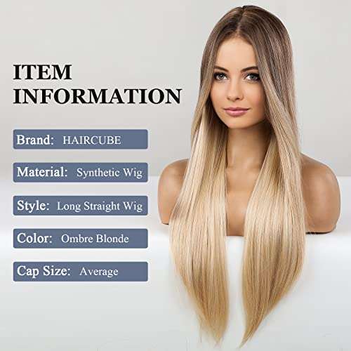 HAIRCUBE 20 Inch Nature Straight Ombre Wigs in long, sleek synthetic blonde hair with dark brown roots fading to light blonde