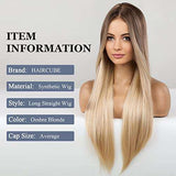 HAIRCUBE 20 Inch Nature Straight Ombre Wigs in long, sleek synthetic blonde hair with dark brown roots fading to light blonde