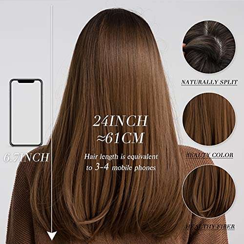 HAIRCUBE 20 Inch Nature Straight Ombre Wigs with long, smooth brown synthetic hair and darker roots, shown from the back