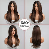 HAIRCUBE 20 Inch Nature Straight Ombre Wigs with long, smooth synthetic hair, dark brown roots blending into lighter brown lengths