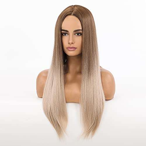 HAIRCUBE 20 Inch Nature Straight Ombre Wigs with long, sleek synthetic hair, dark brown roots fading into light blonde ends