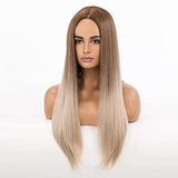 HAIRCUBE 20 Inch Nature Straight Ombre Wigs with long, sleek synthetic hair, dark brown roots fading into light blonde ends