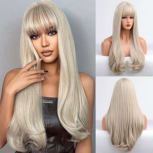 HAIRCUBE 20 Inch Nature Straight Ombre Wigs in long, straight platinum blonde synthetic hair with blunt bangs