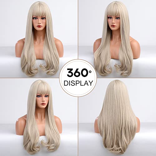 HAIRCUBE 20 Inch Nature Straight Ombre Wigs with long platinum blonde hair, blunt bangs, and softly curled ends