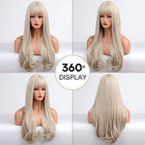 HAIRCUBE 20 Inch Nature Straight Ombre Wigs with long platinum blonde hair, blunt bangs, and softly curled ends