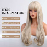 HAIRCUBE 20 Inch Nature Straight Ombre Wigs in long platinum blonde synthetic fibers, with blunt bangs and softly curled ends