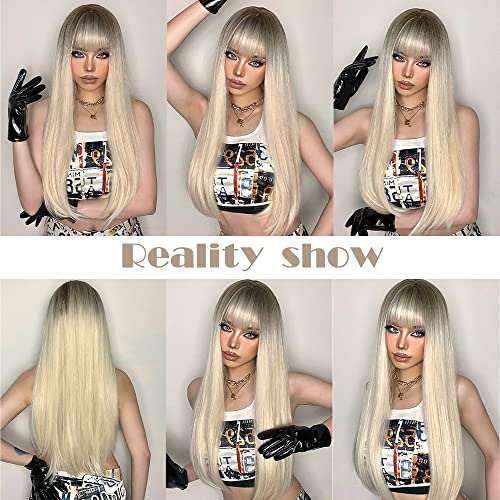 HAIRCUBE 20 Inch Nature Straight Ombre Wigs with long, sleek platinum blonde hair, dark roots, and blunt bangs