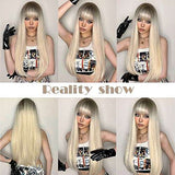 HAIRCUBE 20 Inch Nature Straight Ombre Wigs with long, sleek platinum blonde hair, dark roots, and blunt bangs