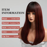 HAIRCUBE 20 Inch Nature Straight Ombre Wigs in long, sleek synthetic hair with dark roots blending into rich red-brown lengths and blunt bangs