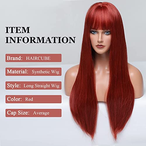 HAIRCUBE 20 Inch Nature Straight Ombre Wigs in long, straight red synthetic hair with full blunt bangs