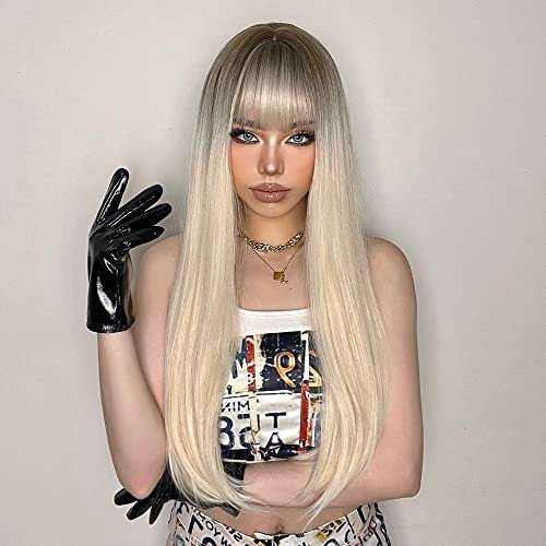 HAIRCUBE 20 Inch Nature Straight Ombre Wigs with straight blonde hair, dark brown roots, and blunt bangs