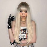HAIRCUBE 20 Inch Nature Straight Ombre Wigs with straight blonde hair, dark brown roots, and blunt bangs