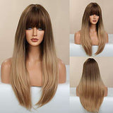 HAIRCUBE 20 Inch Nature Straight Ombre Wigs in synthetic fibers, straight brown-blonde lengths fading from dark roots with full bangs