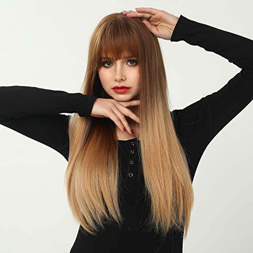 HAIRCUBE 20 Inch Nature Straight Ombre Wigs with straight synthetic hair, dark brown roots fading to warm blonde ends and full bangs