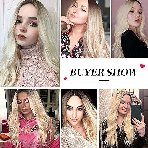 HAIRCUBE Long Curly Brown Wig shown on models with long, loose waves, a center part, and light blonde colouring