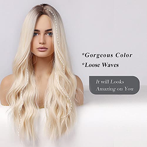 HAIRCUBE Long Curly Brown Wig with long pale blonde loose waves, dark brown roots, and a center part