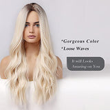 HAIRCUBE Long Curly Brown Wig with long pale blonde loose waves, dark brown roots, and a center part