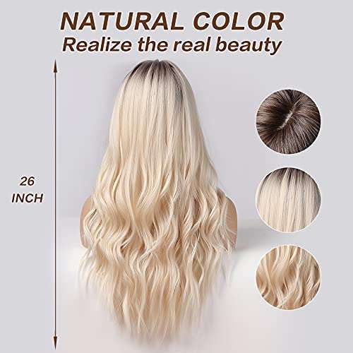 HAIRCUBE Long Curly Brown Wig shown with long, loose blonde waves and a dark brown center part