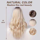 HAIRCUBE Long Curly Brown Wig shown with long, loose blonde waves and a dark brown center part