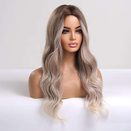 HAIRCUBE Long Curly Brown Wig with long, loose waves fading from dark brown roots to blonde ends and a center part