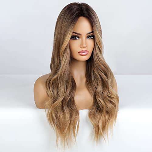 HAIRCUBE Long Curly Brown Wig with long synthetic waves, a center part, and warm brown hair with lighter highlights.