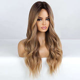 HAIRCUBE Long Curly Brown Wig with long synthetic waves, a center part, and warm brown hair with lighter highlights.