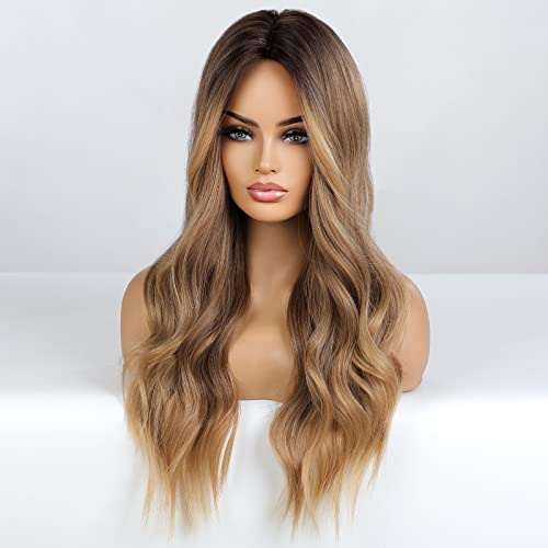 HAIRCUBE Long Curly Brown Wig with long, loose waves, a center part, dark brown roots, and lighter brown ends
