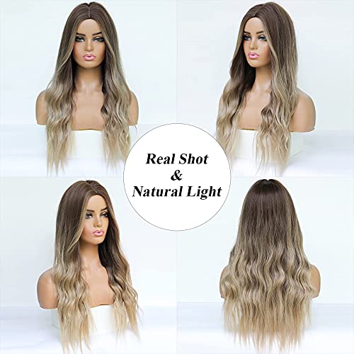 HAIRCUBE Long Curly Brown Wig with a center part, long wavy synthetic hair fading from brown roots to blonde ends