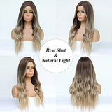 HAIRCUBE Long Curly Brown Wig with a center part, long wavy synthetic hair fading from brown roots to blonde ends