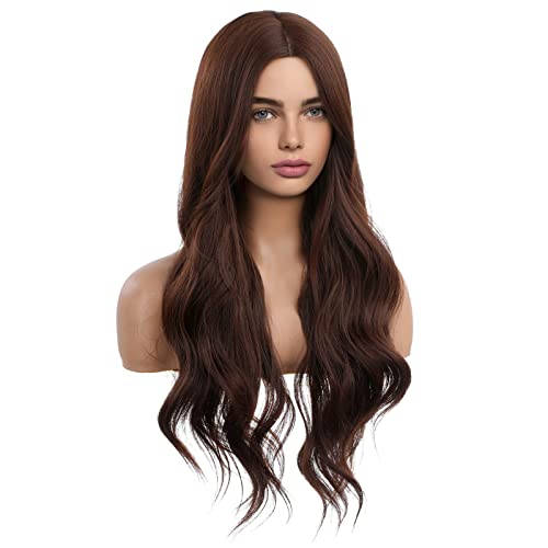 HAIRCUBE Long Curly Brown Wig with long, rich brown synthetic waves, a center part, and loose curled ends