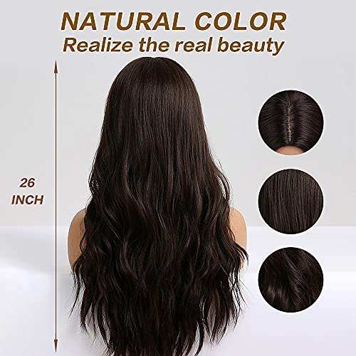 HAIRCUBE Long Curly Brown Wig with long dark brown synthetic waves, a natural-looking center part and 26-inch length