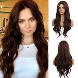 HAIRCUBE Long Curly Brown Wig with long, glossy dark brown synthetic waves, a center part, and flowing layered ends