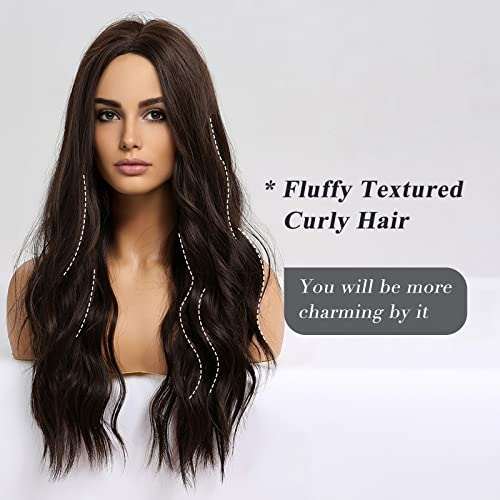 HAIRCUBE Long Curly Brown Wig with long, dark brown synthetic hair, loose fluffy waves, and a middle part