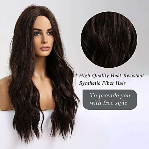HAIRCUBE Long Curly Brown Wig with long dark brown synthetic waves, a natural-looking middle part and loose curls.