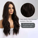 HAIRCUBE Long Curly Brown Wig with long dark brown synthetic waves, a natural-looking middle part and loose curls.