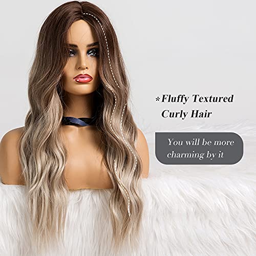 HAIRCUBE Long Curly Brown Wig with long, loose waves blending dark brown roots into lighter ash-blonde ends