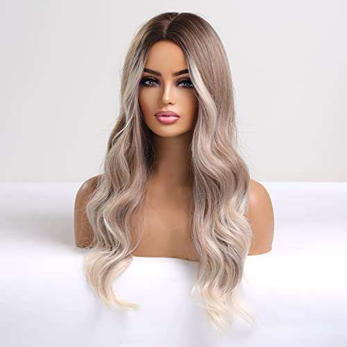 HAIRCUBE Long Curly Brown Wig with long loose waves, dark brown roots fading to ash blonde and a middle part