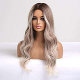 HAIRCUBE Long Curly Brown Wig with long loose waves, dark brown roots fading to ash blonde and a middle part