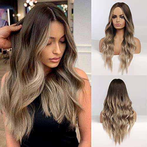 HAIRCUBE Long Curly Brown Wig with long, loose waves blending dark brown roots into ash blonde lengths and a middle part