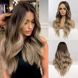 HAIRCUBE Long Curly Brown Wig with long, loose waves blending dark brown roots into ash blonde lengths and a middle part